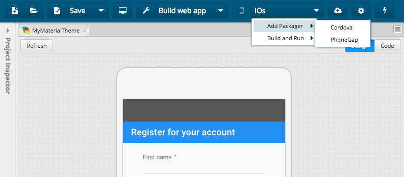 Add Cordova Packager from the menu of “Build Native App”